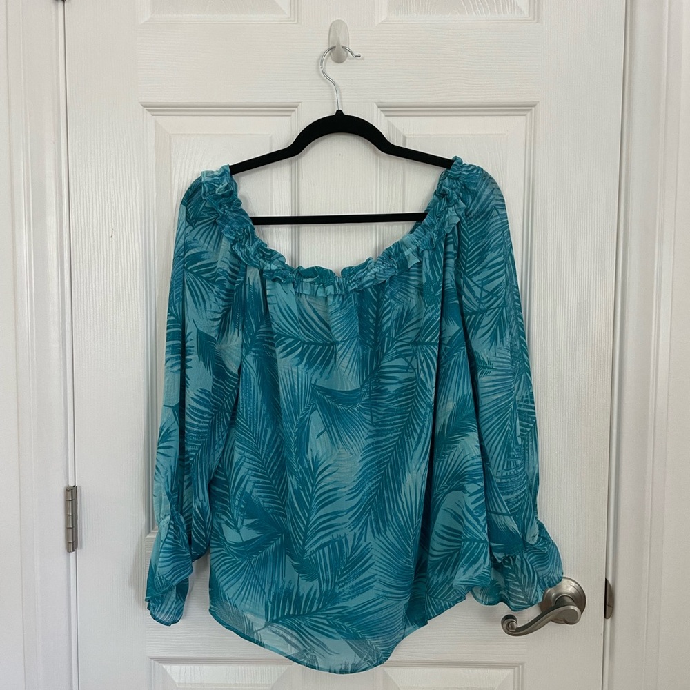 International Concepts Blouse, Size XL, Blue Palm Print